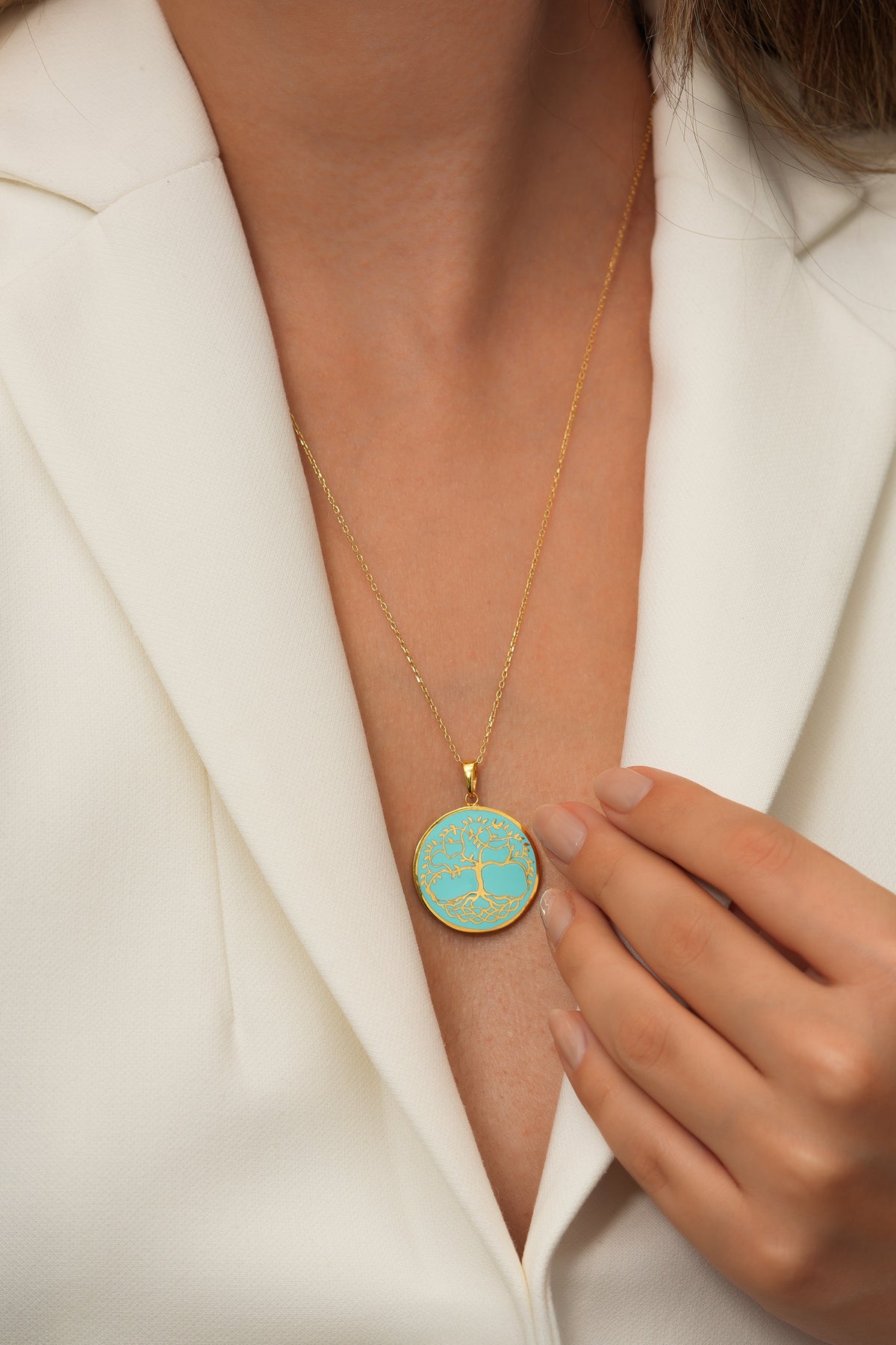 925 Ayar Gümüş 18K Altın Kaplama Yaşam Ağacı Kolye – Turkuaz Mine, El Yapımı