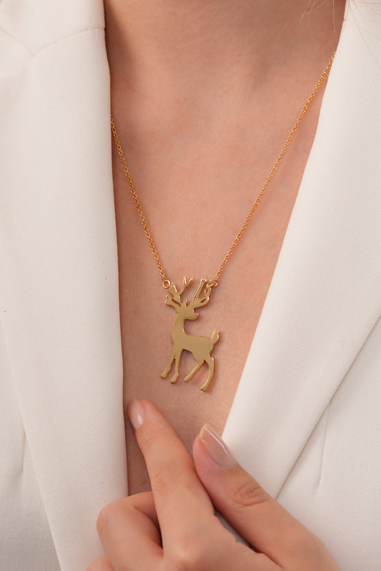 925 Ayar Gümüş 18K Altın Kaplama Geyik Kolye – El Yapımı
