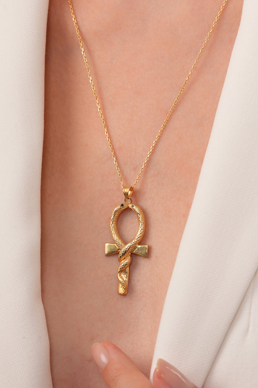 925 Ayar Gümüş Üzeri Altın Kaplama Yılan Figürlü Ankh El Yapımı Kolye