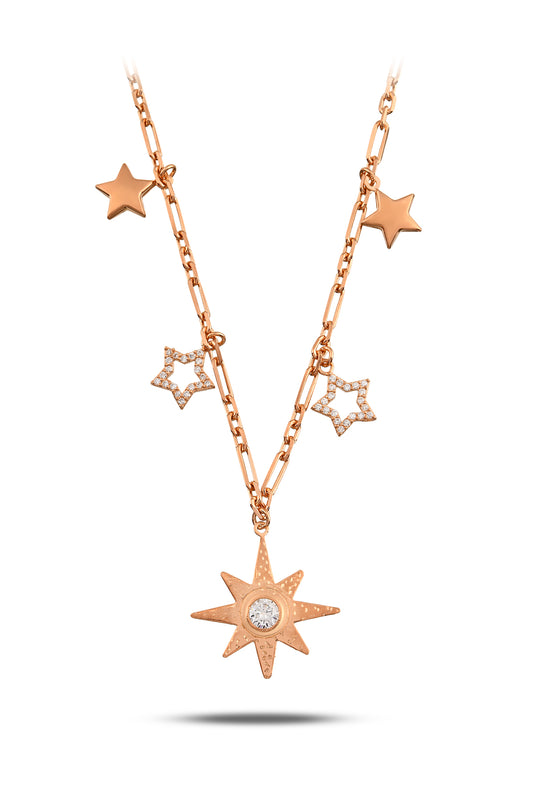 925 Ayar Gümüş Rose Kaplama Istar Yıldızı Kolye – Taş Detaylı, Zincirli Tasarım