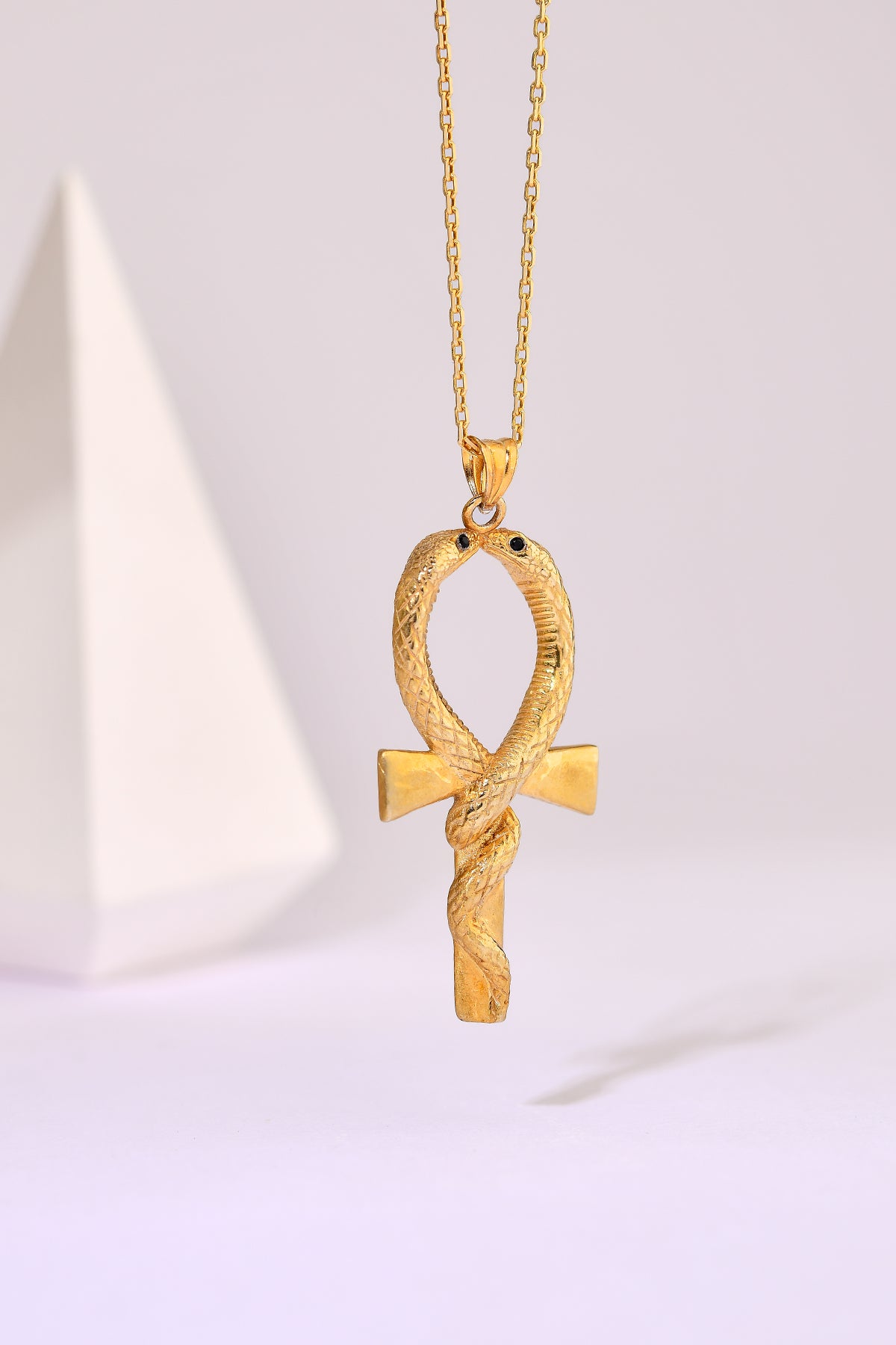 925 Ayar Gümüş Üzeri Altın Kaplama Yılan Figürlü Ankh El Yapımı Kolye